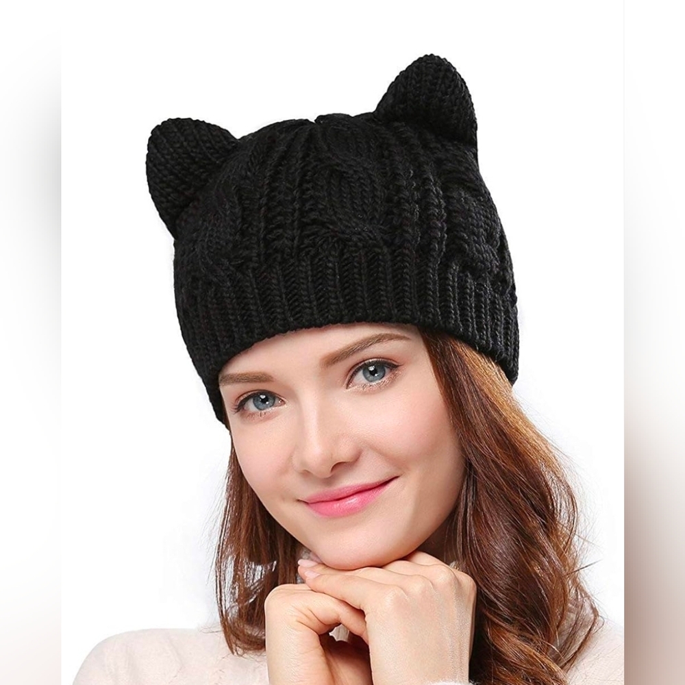 Black Knit Cat Ear Beanie - Picture 4 of 7